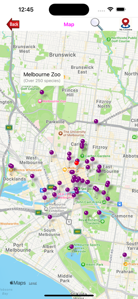 Eine Karte von Melbourne mit verschiedenen interessanten Punkten, die mit lila Pins und einem roten Pin für einen Hotelstandort markiert sind.