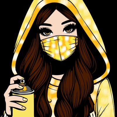 girl wearing a mask with long hair with her hood up spray-painting realistic