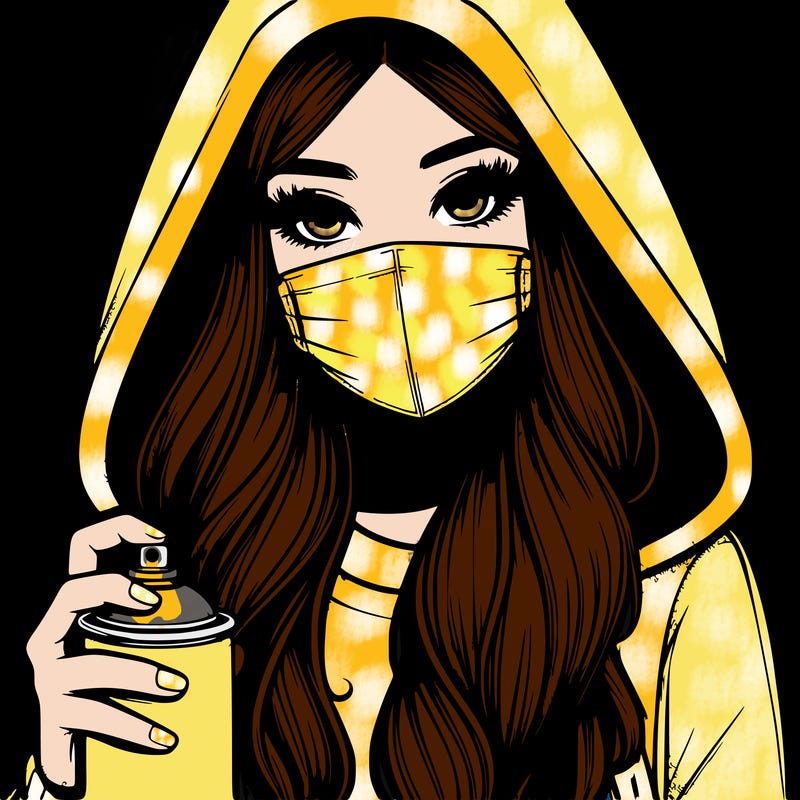 girl wearing a mask with long hair with her hood up spray-painting realistic