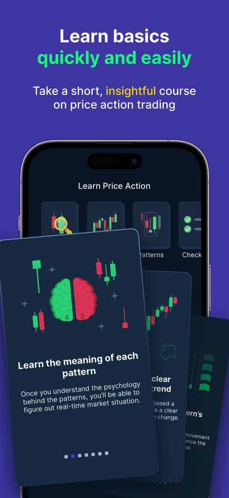 Candlestick Patterns T-Cake - Mobile phone displaying a trading education app interface for learning candlestick pattern meanings and price action