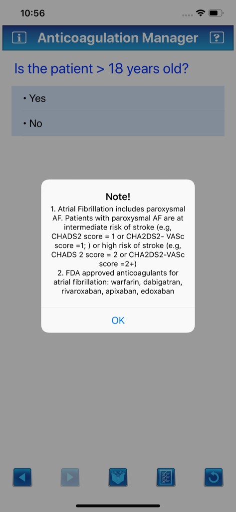 Anticoagulation Manager - Screen showing a patient age question and a clinical note about atrial fibrillation guidelines in the Anticoagulation Manager app.