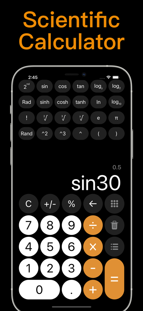 Calculator with History + - Scientific calculator interface on iPhone showing trigonometry and log functions