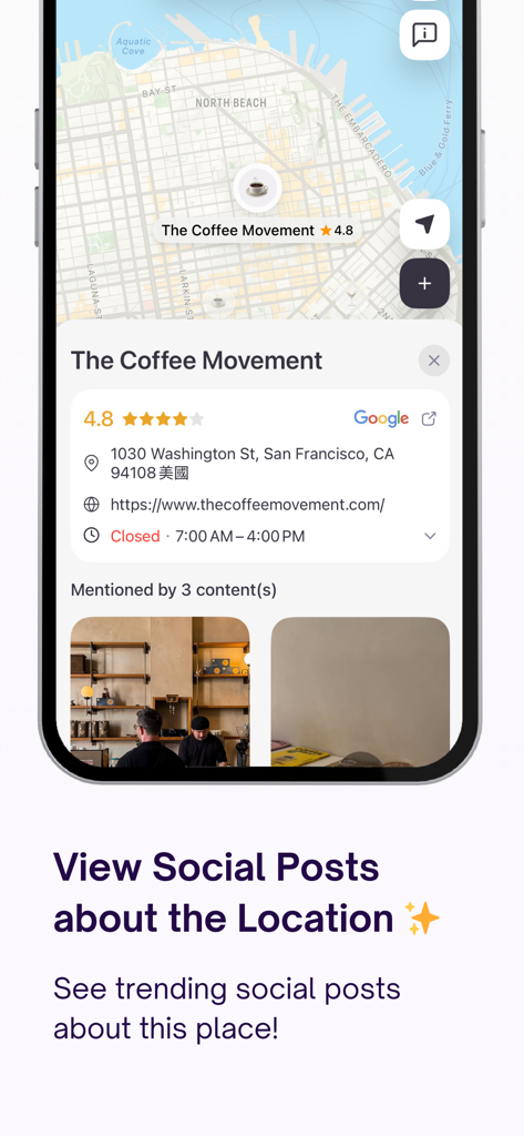 Voyla app interface showing a map pin for a coffee shop in San Francisco with linked social media posts