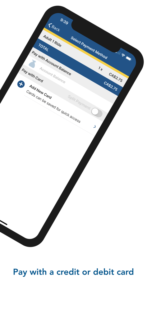 HFXGO app interface for selecting a payment method to buy a transit ticket