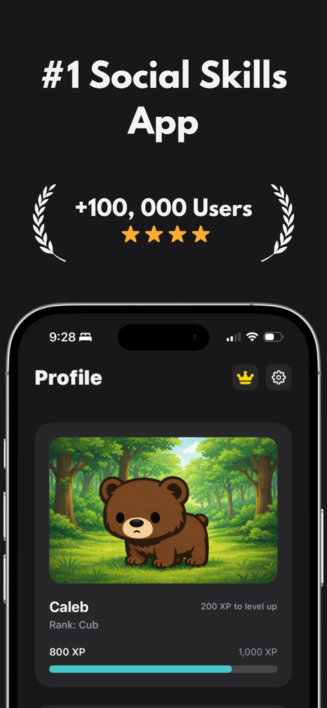 Kodi AI: Speaking Coach - Kodi AI speaking coach app profile screen showing a cute bear mascot and gamified XP progress for social skills improvement
