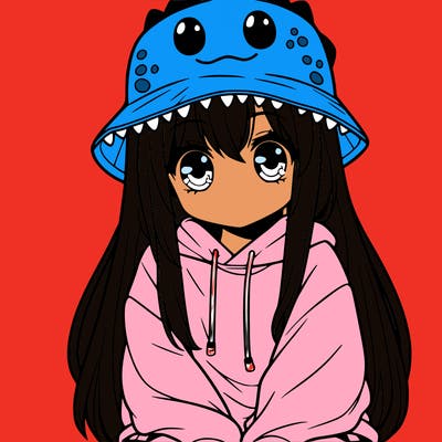 girl with anime shaped eyes with a dinosaur bucket hat oversized sweatshirt long straight hair