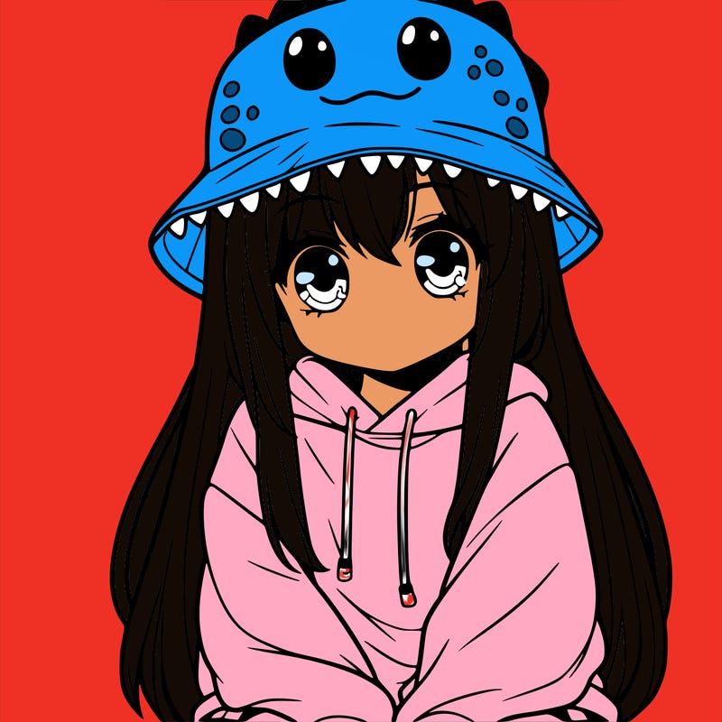 girl with anime shaped eyes with a dinosaur bucket hat oversized sweatshirt long straight hair