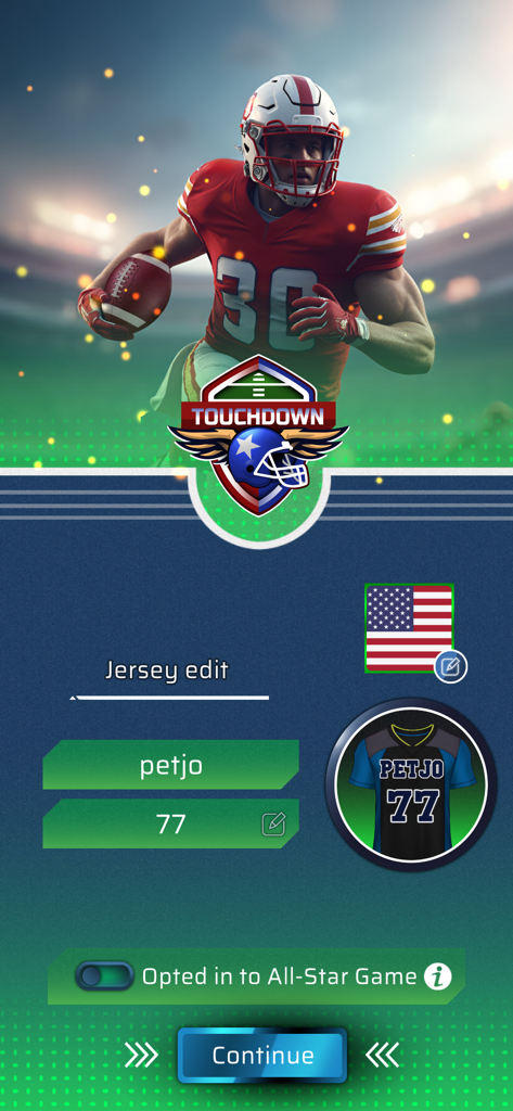 Touchdown - Football PvP Game - Customization screen for player jersey name and number in Touchdown Football PvP Game