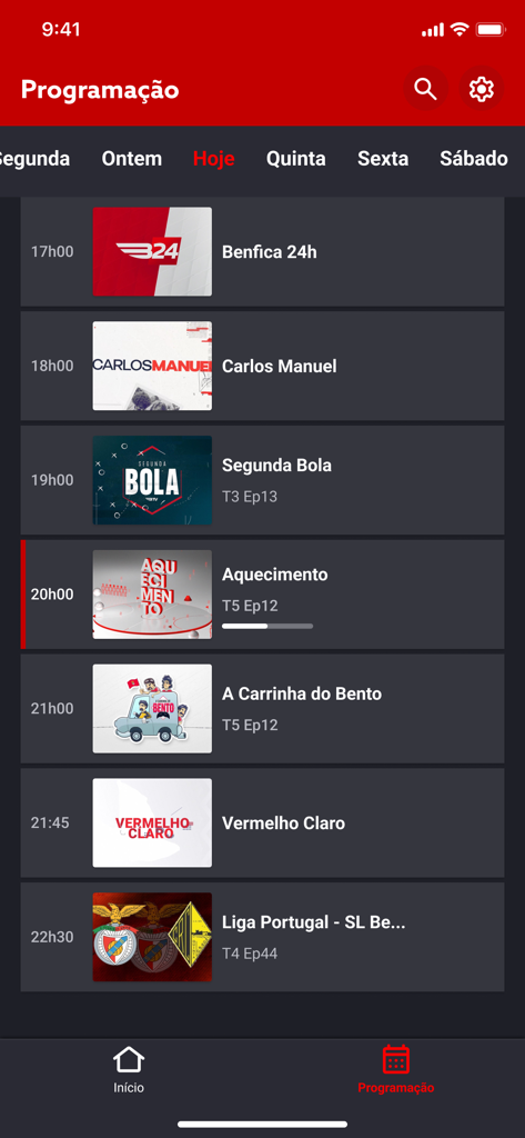 BTV Online app interface showing the daily TV schedule with programs like Benfica 24h and Liga Portugal matches.