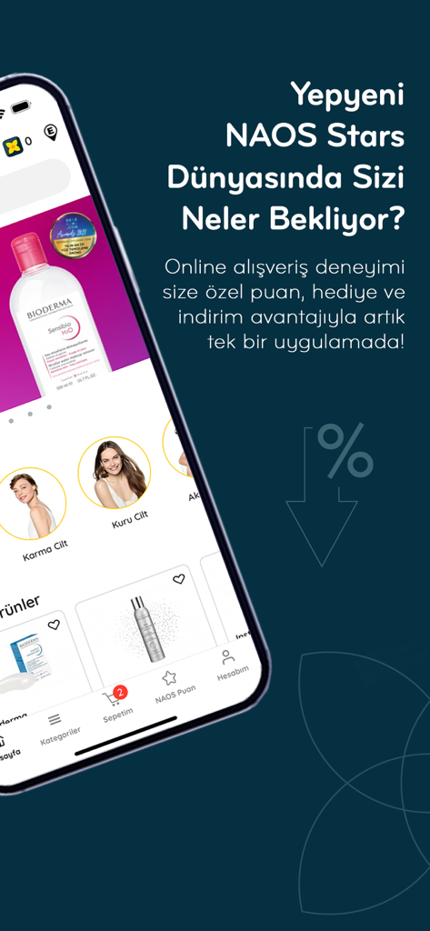 Naos Stars - Biodermaスキンケア製品とロイヤルティプログラムの機能が表示されたNaos Starsモバイルアプリのインターフェース