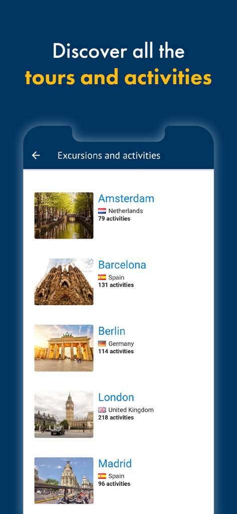 Schermata dell'app eBooking che mostra un elenco di tour e attività disponibili in città europee come Amsterdam e Barcellona