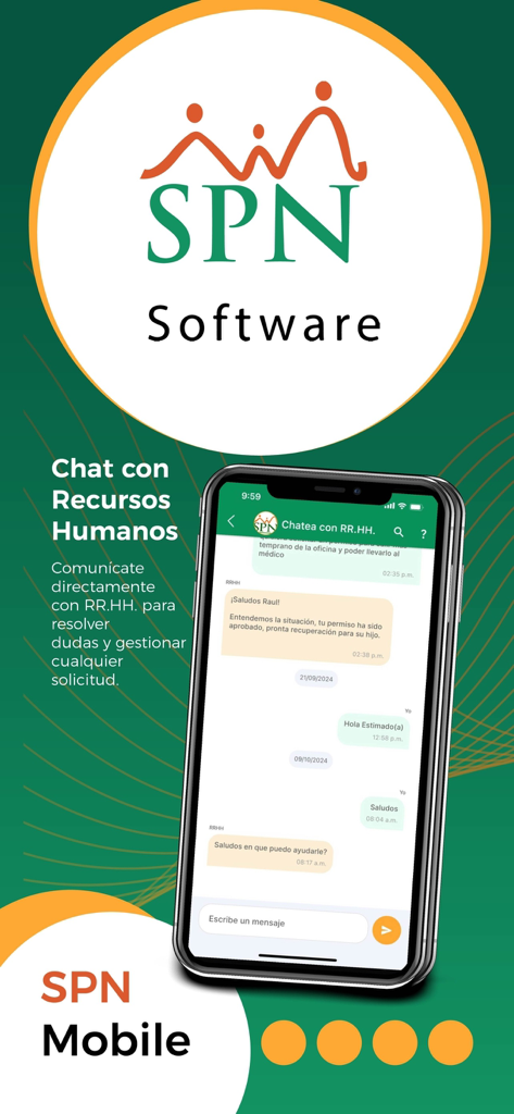 A smartphone screen showing the SPN Software chat interface for employees to communicate with HR