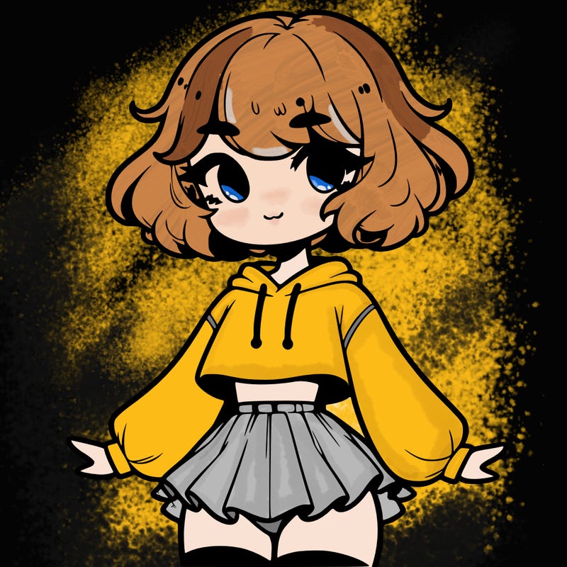 cute femboy with short, fluffy hair that softly frames their face, wearing a cropped hoodie, paired with a flouncy short skirt, and thigh-high stockings