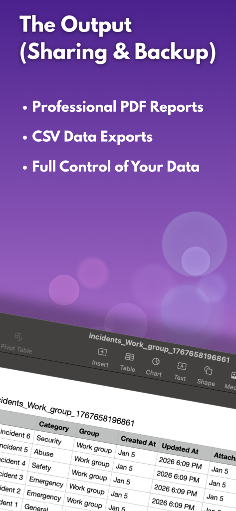 사건 기록의 전문 PDF 및 CSV 데이터 내보내기 옵션을 보여주는 증거 추적기 앱 인터페이스