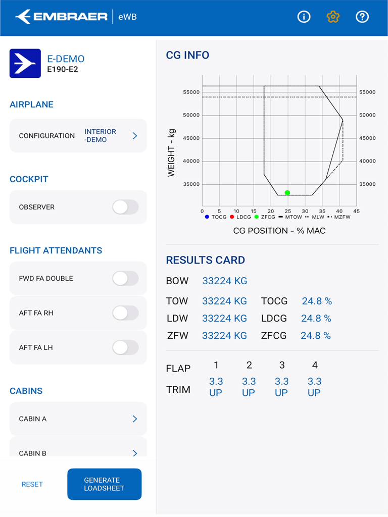 eWB Embraer - Elektronische Gewichts- und Schwerpunkt-Oberfläche, die den CG-Graphen und die Berechnungsergebnisse für eine E190-E2 zeigt
