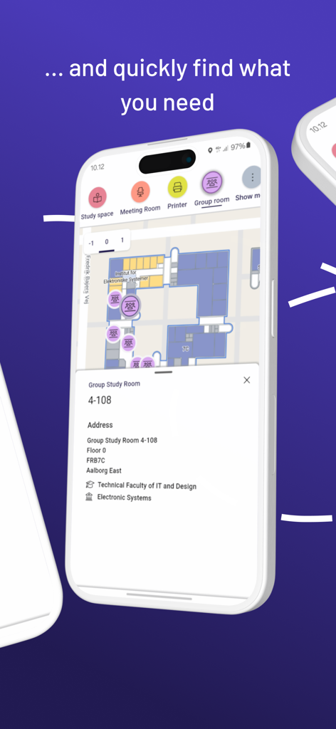 AAU Map - Uno smartphone che visualizza l'interfaccia dell'app Mappa AAU con una planimetria interna e una finestra pop-up per una specifica aula studio di gruppo.