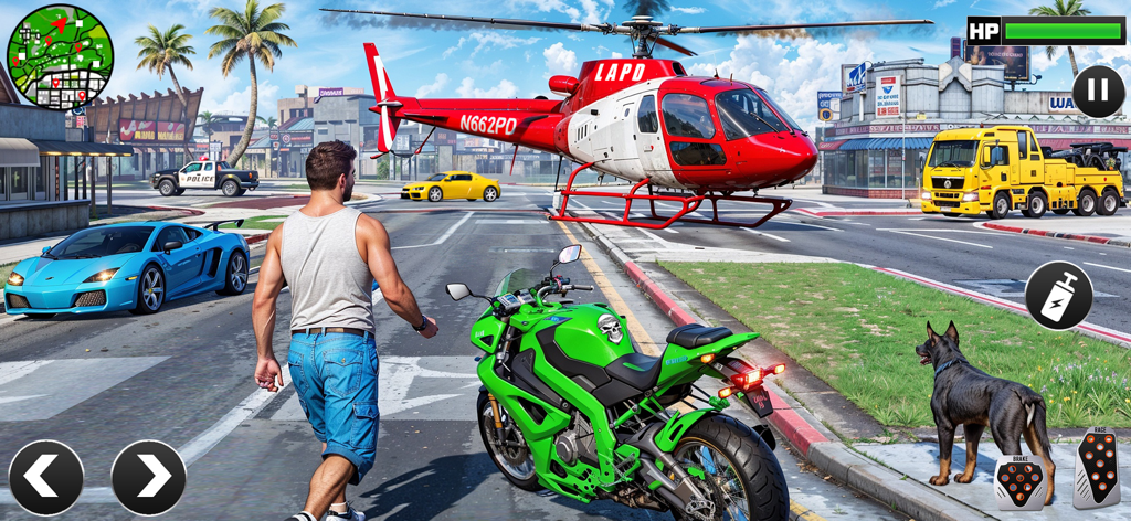 A gameplay screenshot showing a character walking in a city street with a green motorcycle, blue sports car, and an LAPD helicopter.