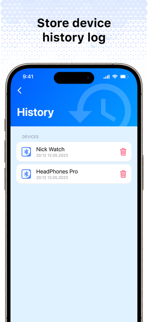 Screenshot of the history log in the Find My Air Headphone app showing a list of tracked Bluetooth devices like smartwatches and headphones.
