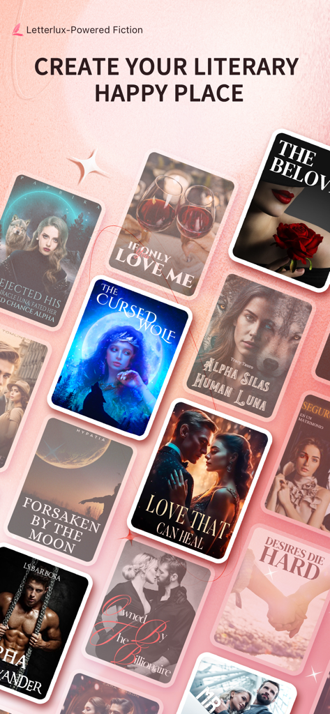 Literie - Literieアプリ画面に表示されるロマンスと狼男ファンタジーの本の表紙