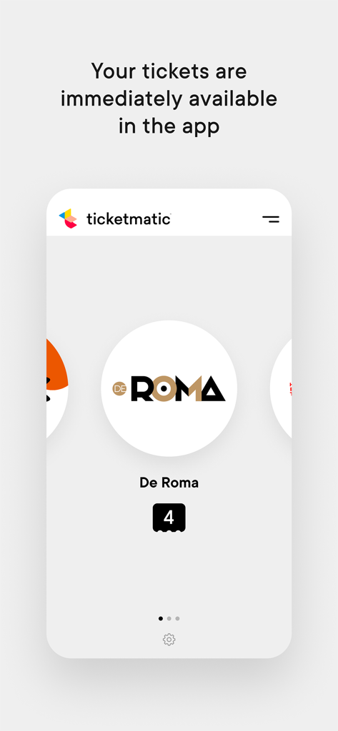 Schermata dell'app Ticketmatic che mostra i biglietti digitali disponibili per il locale De Roma