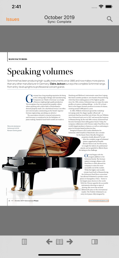 Digitaler Magazinartikel in der International Piano App über Schimmel-Flügel.