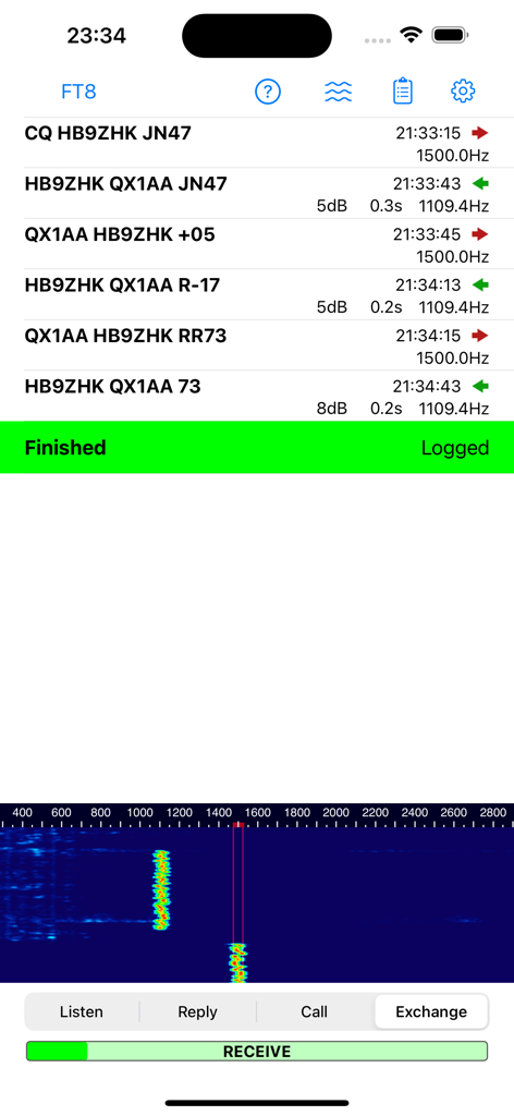 iFTx - iFTx app interface showing FT8 digital mode contact log and signal waterfall display