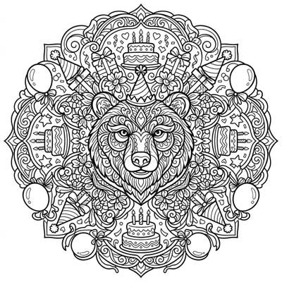 Dive into a festive celebration with this captivating bear mandala coloring page, perfect for birthday fun. Featuring an intricately designed bear surrounded by party hats, cakes, and balloons, it promises a delightful and engaging coloring experience.