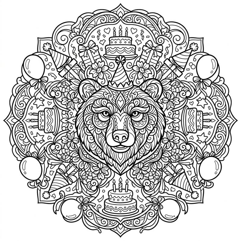Dive into a festive celebration with this captivating bear mandala coloring page, perfect for birthday fun. Featuring an intricately designed bear surrounded by party hats, cakes, and balloons, it promises a delightful and engaging coloring experience.