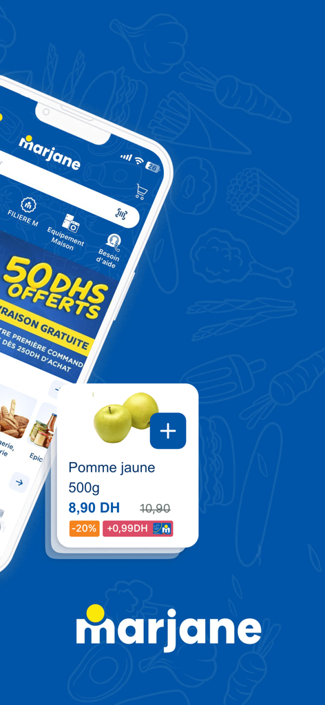 Marjane - Smartphone screen of the Marjane app showing grocery deals and fresh produce