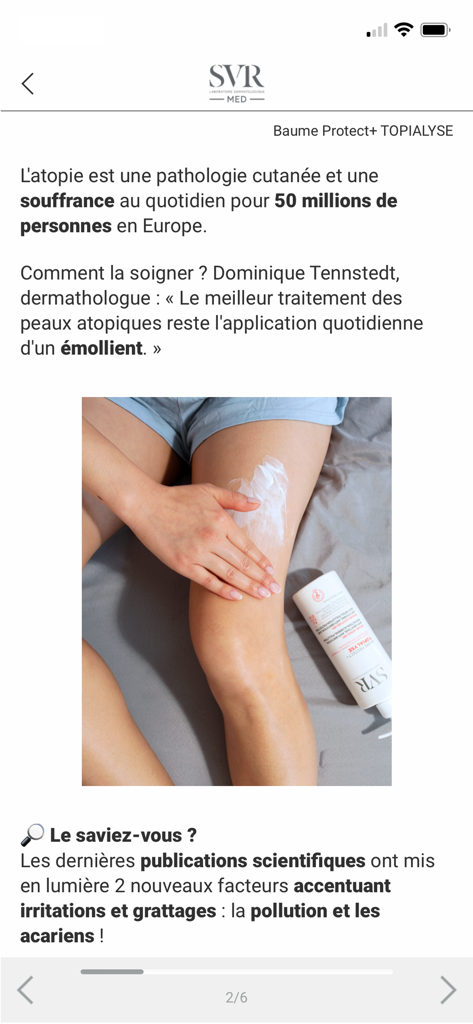 SVR Med app screen displaying clinical information and treatment for atopic skin using Topialyse balm