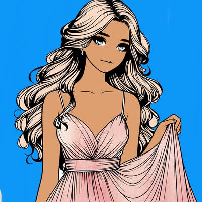 realistic girl in flowy silky prom dress