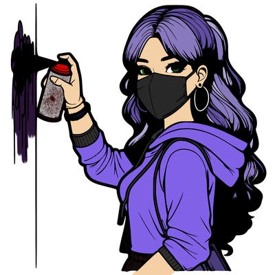 realistic girl with mask spray painting a wall