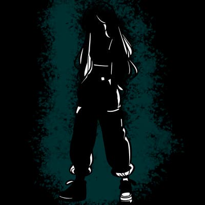 girl in baggy pants crop top and long hair