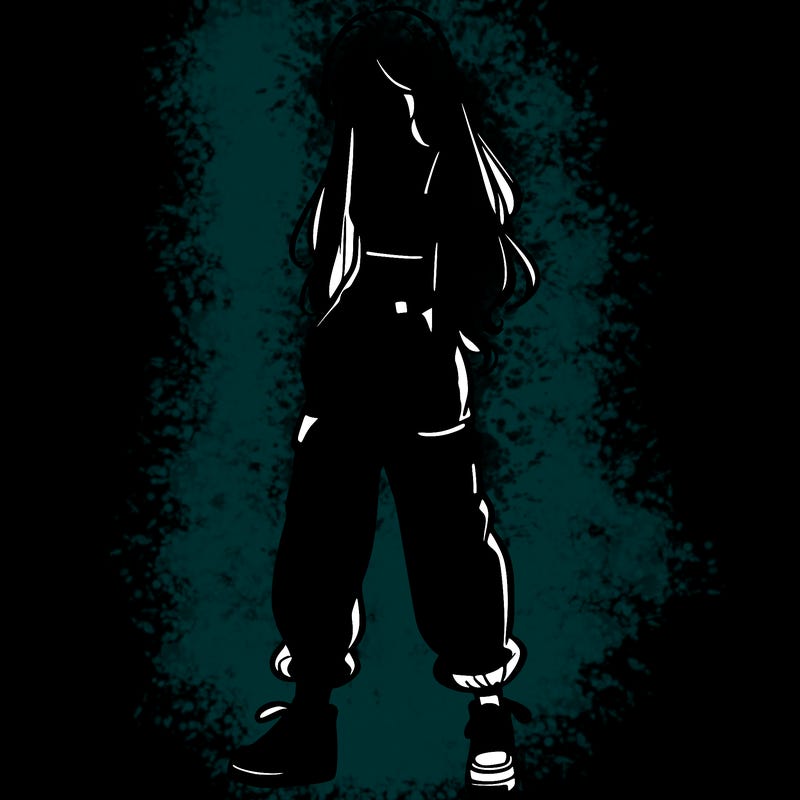 girl in baggy pants crop top and long hair