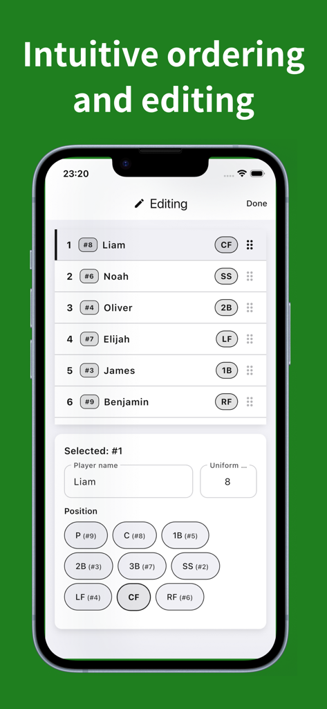 Baseball Lineup Maker - Baseball Lineup Maker app screen for editing batting order and player positions