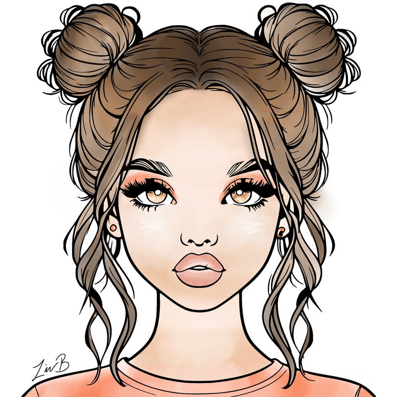 realistic girl with two buns in hair and lips