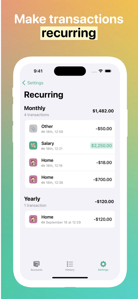 Fin App-Oberfläche, die monatliche und jährliche wiederkehrende Transaktionen wie Gehalt und Wohnkosten anzeigt