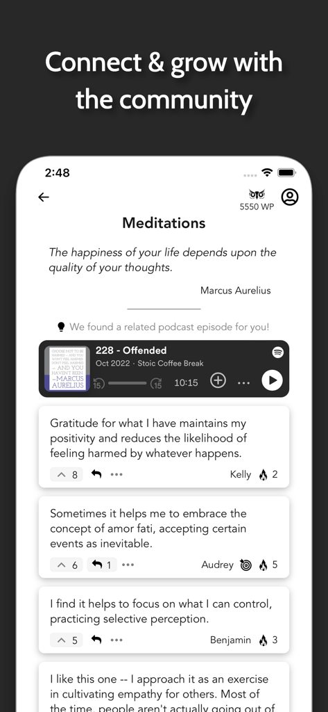 Daily Stoicism by Agora - Daily Stoicism app meditation screen featuring community reflections and a podcast suggestion