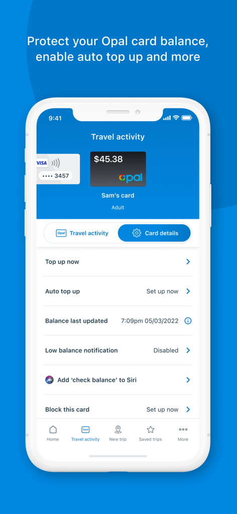 Opal Travel app interface for managing card balance and auto top up