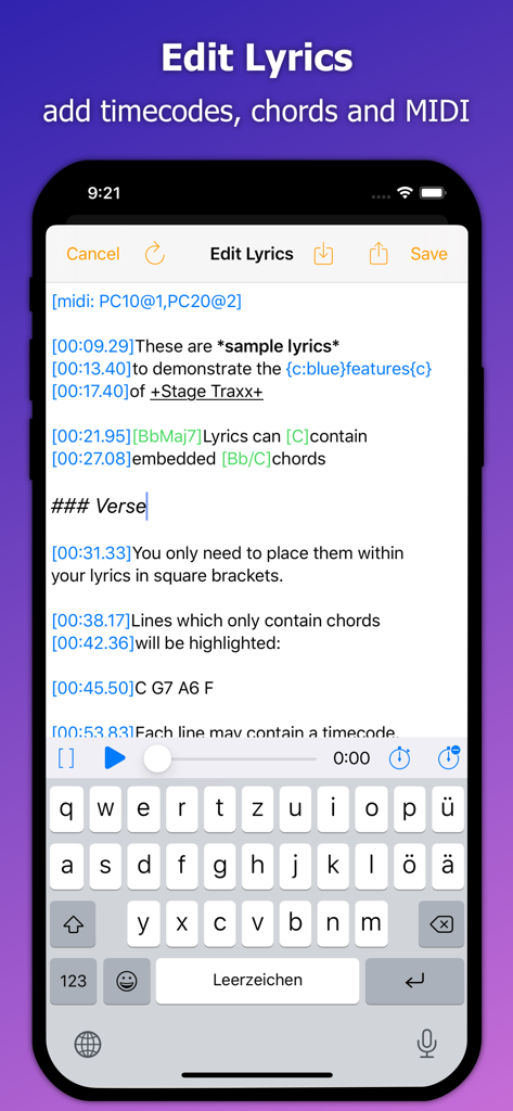 Stage Traxx 3 lyrics editing interface showing embedded chords timecodes and midi commands