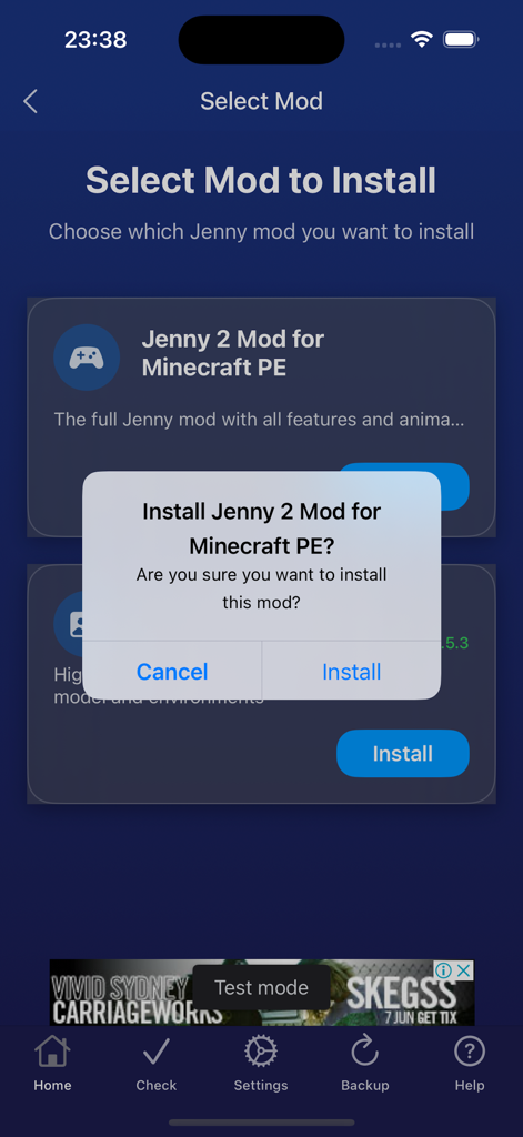 Jenny addon mod for MCPE - Pantalla de confirmación de instalación para Jenny 2 Mod en Minecraft PE