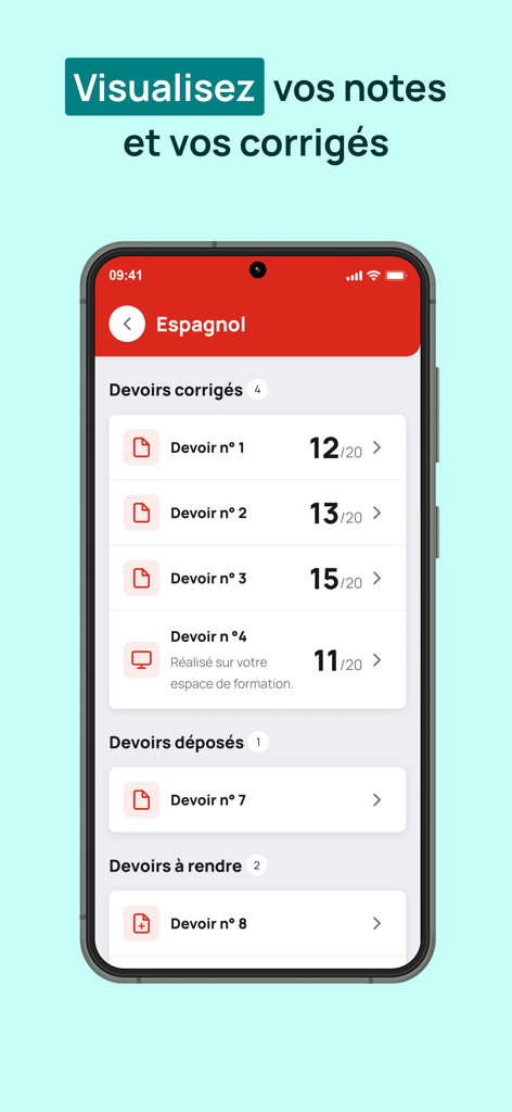 Cned app screen showing graded and pending assignments with scores for a Spanish class