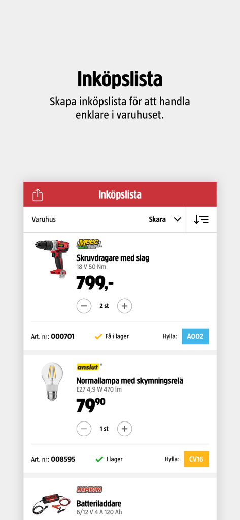 Jula - Interface da lista de compras da aplicação móvel Jula mostrando produtos com estado de stock e localizações nas prateleiras.