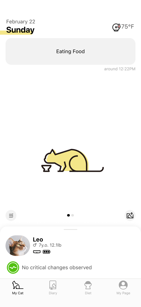 Catlog: Cat's Wellness Service - Catlog app dashboard displaying a cats eating activity and health status report