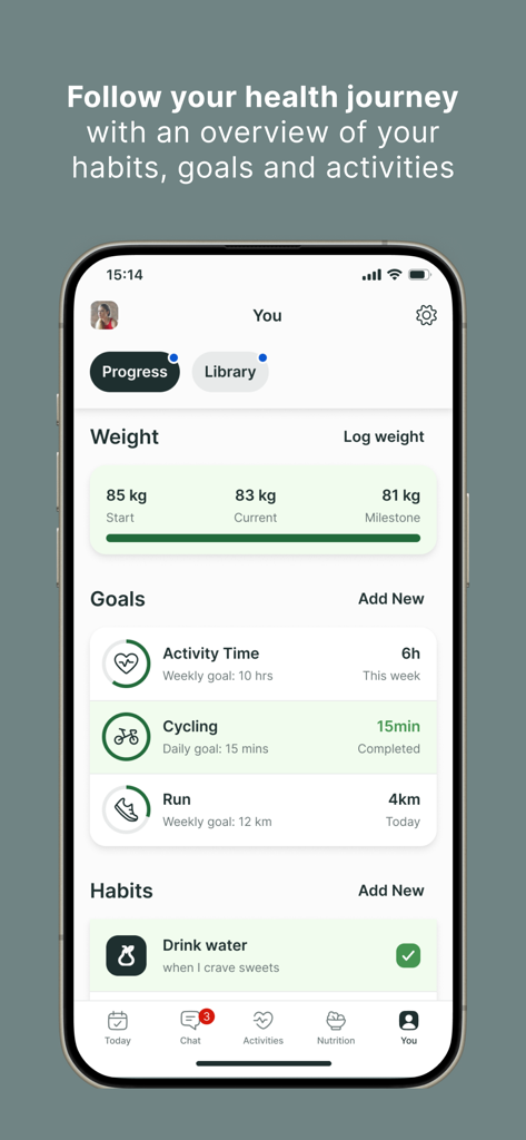 Lenus eHealth app dashboard showing weight progress, fitness goals like cycling and running, and daily habit tracking for water intake.