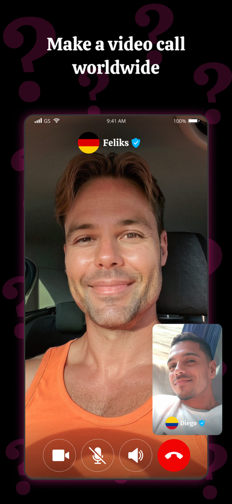 Uma videochamada internacional entre dois homens verificados no aplicativo de namoro gay global Wonder.