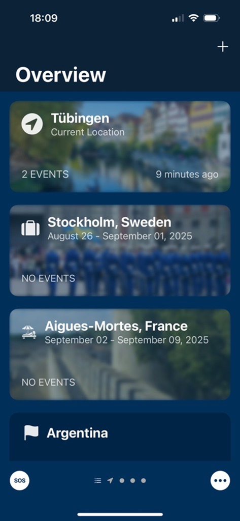 Overview screen of the Global Monitoring travel risk management app showing current location and upcoming business trips.