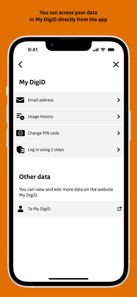 Schermata dell'app DigiD che mostra le opzioni e le impostazioni dell'account Mio DigiD