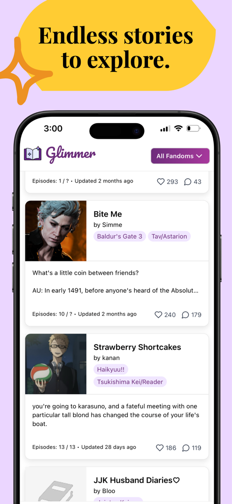 Benutzeroberfläche der Glimmer-App, die eine Liste interaktiver Fanfiction-Geschichten aus beliebten Fandoms anzeigt