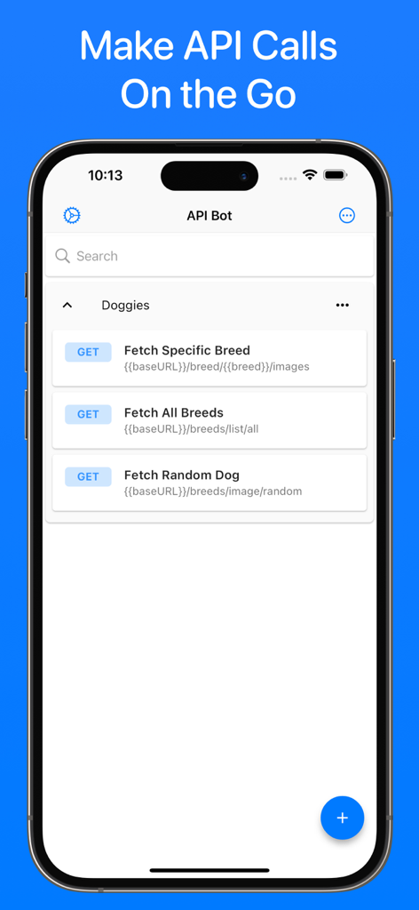 API Bot - API Bot mobile app interface displaying a list of saved GET requests for a dog breed API.
